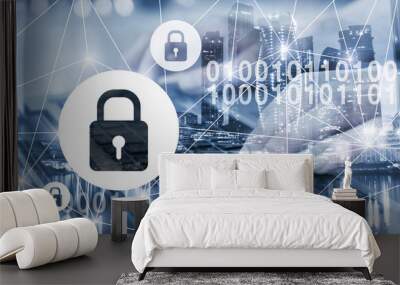 cybersecurity concept, online internet digital data protection, network encryption and cyber security, virtual padlocks system double exposure Wall mural