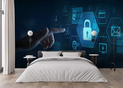 data protection and digital security concept, cybersecurity, button with padlock on blue touchscreen Wall mural