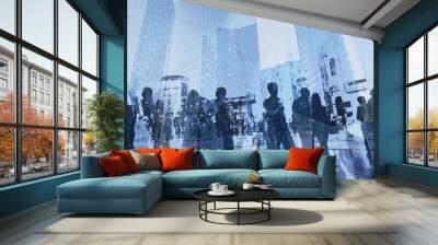 double exposure of business people walking on busy street of modern city, office buildings corporate background Wall mural