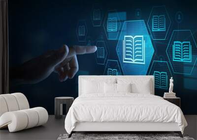 e-library, many e-book icons, electronic books online, knowledge base on internet, digital library or e-library Wall mural