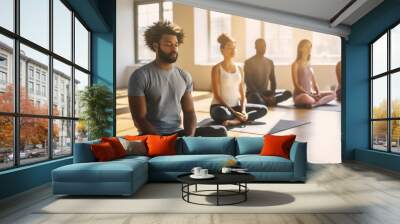 group meditation in yoga studio, breath exercise, men and women meditating and breathing with closed eyes, breathwork concept, created with Generative AI Wall mural