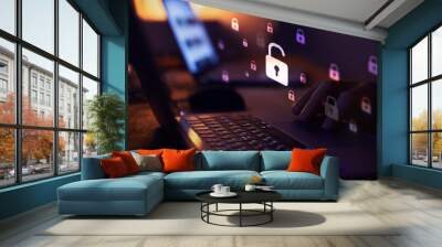 hacker attack, open or broken padlock, cyber crime concept, cybersecurity Wall mural