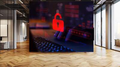 Hacker attack. Security breach, system hacked, internet cyber attack alert with red broken padlock, cybersecurity. Wall mural