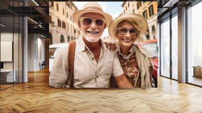 happy retired mature senior couple on holidays, vacation travel, smiling elder man and woman created with Generative AI Wall mural