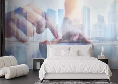 internet communication technology double exposure, hands using smartphone Wall mural