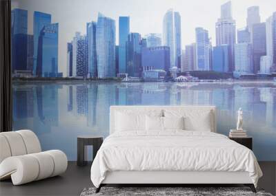 modern cityscape skyline with reflection in the water, business office buildings background with cop Wall mural