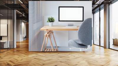 office workspace interior, computer on wooden table scandinavian style design, empty workplace, pc with blank screen Wall mural