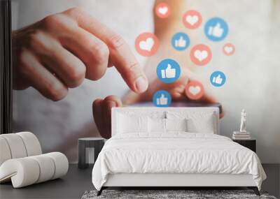 social media concept, likes on social network coming from smartphone screen Wall mural