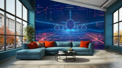 Airplane in holographic for travel and transportation concept on the plot plan drawings line graphic, design for abstract wallpaper and background  Wall mural