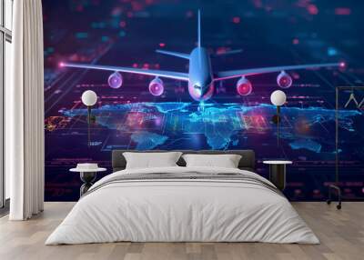 Airplane in holographic for travel and transportation concept on the plot plan drawings line graphic, design for abstract wallpaper and background	 Wall mural