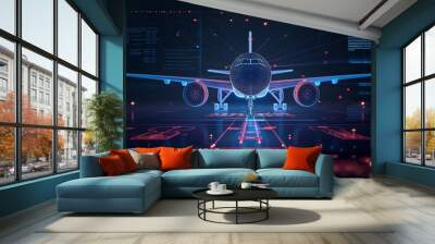 Airplane in holographic for travel and transportation concept on the plot plan drawings line graphic, design for abstract wallpaper and background	 Wall mural