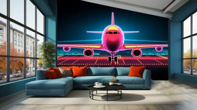 Digital illustration of a plane in neon light against a dark background, Airplane on the background of the luminous map, Wall mural