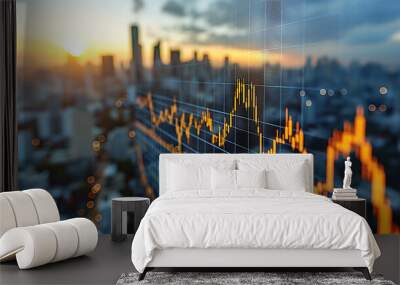 double exposure image of stock market investment graph and city on background,  concept of business investment and stock future trading Wall mural