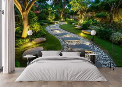 Garden stone walkway with lighted candles in the evening. Wall mural