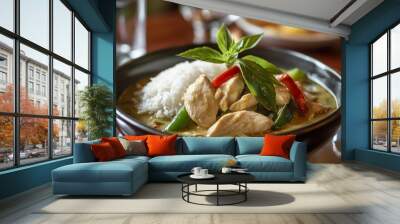 Green curry, Thai food in a white bowl. Wall mural