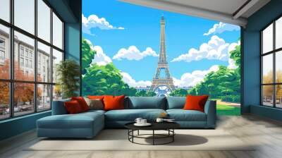 icon logo sign symbol iconic Eiffel tower built Paris France 2024 view color PSG Dior holiday post card image tour Yves Saint game blue sky cloud day love city grass green park place scene vector art. Wall mural