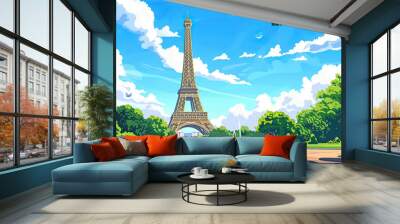 icon logo sign symbol iconic Eiffel tower built Paris France 2024 view color PSG Dior holiday post card image tour Yves Saint game blue sky cloud day love city grass green park place scene vector art. Wall mural