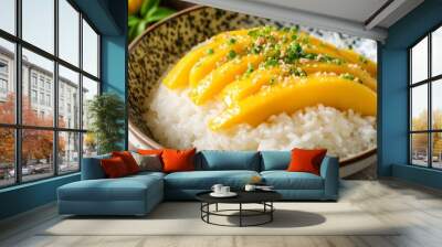 Mango sticky rice on a white plate Wall mural