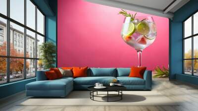 Refreshing summer gin tonic cocktail on pink background in natural light Wall mural