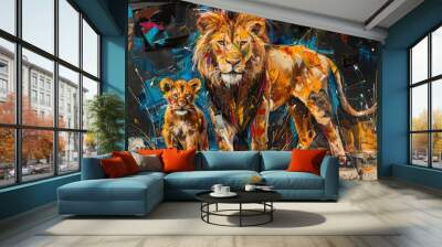 A colorful painting of a lion and his cub. Wall mural