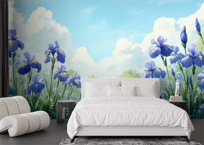 Beautiful Field of Purple Irises Under a Clear Blue Sky with Fluffy Clouds in a Serene Natural Landscape Wall mural