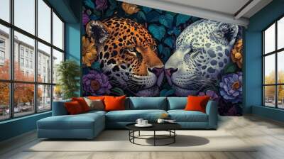 Brazilian fauna and flora, two characters, a jaguar and a white lion covered in flowers by harryfinney, bold manga lines, in the style of portraits with soft lighting, multiple exposure,  Wall mural