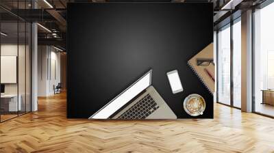 Modern dark surface office desk table with computer and cup of coffee. Hero Header Concept with Copy space.	 Wall mural