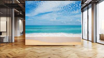 Soft wave of blue ocean on sandy beach in summer season. Background with blue sky.	 Wall mural