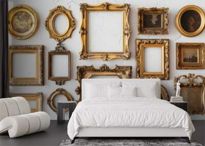 Elegant antique picture frames in gilded gold, isolated on a white background, perfect for showcasing art Wall mural