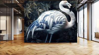 Elegant Flamingo with Intricate Blue Floral Patterns on Feathers in Lush Greenery Wall mural