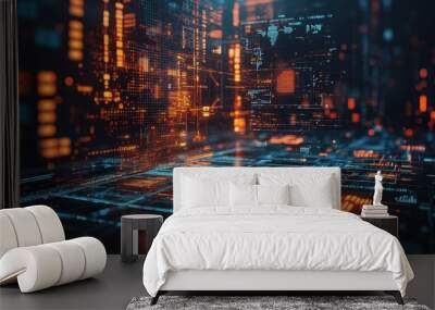 Futuristic Digital Circuit Board with Glowing Orange and Blue Lights Representing Advanced Technology Wall mural