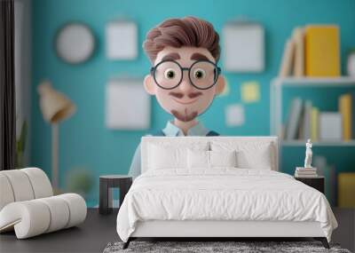 Smiling Cartoon Character with Glasses and Beard in Modern Office Setting with Bookshelves and Desk Lamp Wall mural