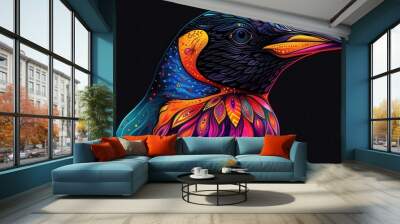 Vibrant and Colorful Digital Illustration of a Bird with Intricate Patterns on a Dark Background Wall mural