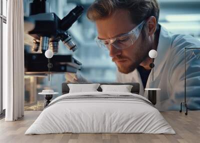 A scientist in protective goggles using a microscope and pipette in a laboratory, focusing on research and scientific experiments. Wall mural