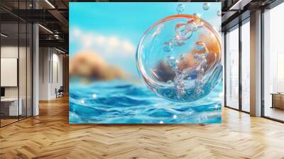 A close-up of a bubble rising through clear blue ocean water, filled with sparkling oxygen Wall mural