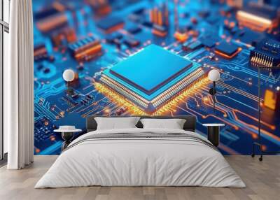 A close-up of a circuit board with a focus on the central semiconductor component Wall mural