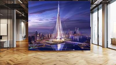 A conceptual image of the completed Dubai Creek Tower at night, illuminated and towering above the city, symbolizing architectural ambition.  Wall mural