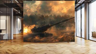 A cutting-edge artillery system firing in a forested area, digital art, emphasizing power and precision. Wall mural