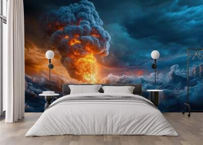 A dramatic scene of an oil fire and smoke rising into a dark, stormy sky Wall mural