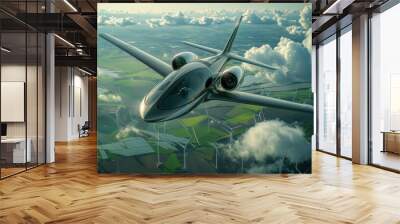 A futuristic aircraft with sustainable materials and hybrid engines, photorealistic, flying over a green landscape with wind turbines and solar panels.  Wall mural