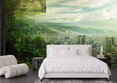 A futuristic view of Quito, Ecuador, with smart buildings and green technology, digital art, modern and sustainable. - Wall mural