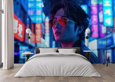 A handsome, cute, Korean young man featuring holographic glasses, showcasing a sleek cyberpunk design in a neon-lit cityscape, emphasizing his confident and stylish demeanor.  Wall mural