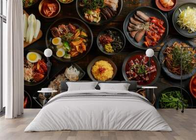 A high-quality shot of a traditional Korean barbecue spread, capturing the vibrant colors and textures of the dishes.  Wall mural