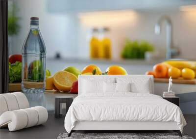 A modern kitchen island with a bottle of mineral water, fruits, and a stylish background Wall mural