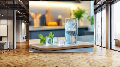 A modern kitchen with a glass of mineral water, ice cubes, and a clean, sleek design Wall mural