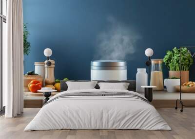 A modern kitchen with a steaming rice cooker on the counter, surrounded by ingredients Wall mural