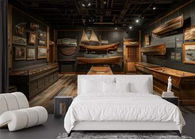 A museum exhibit featuring historical shipbuilding tools and models, showcasing heritage and tradition in an educational setting, emphasizing history and craftsmanship. Wall mural