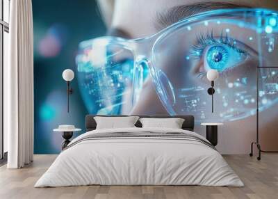 A person using blue light glasses and eye drops in an office environment. Wall mural