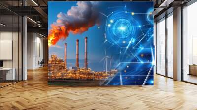 A power plant burning fossil fuels, juxtaposed with a renewable energy facility using AI to optimize energy production. Wall mural