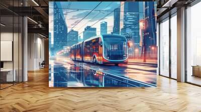 An American city with smart buses and AI-managed public transport systems, in a sleek, futuristic style. --ar 16:9 --style raw Job ID: 49cd654b-07f6-4acb-9edc-71e7438cafcb Wall mural